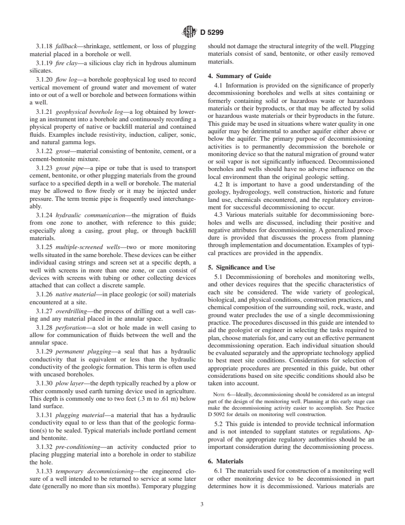 ASTM D5299-99 - Standard Guide for Decommissioning of Ground Water Wells, Vadose Zone Monitoring Devices, Boreholes, and Other Devices for Environmental Activities