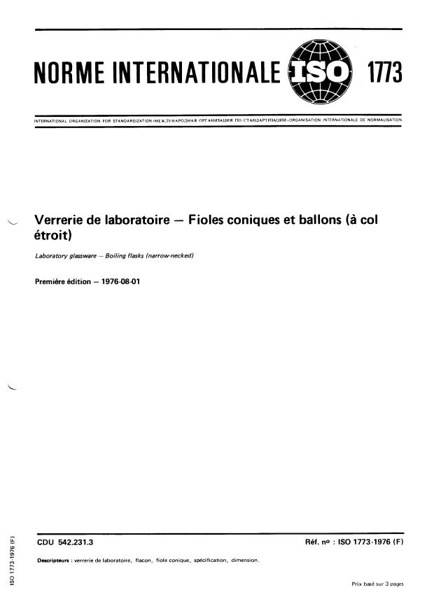 ISO 1773:1976 - Verrerie de laboratoire -- Fioles coniques et ballons (a col étroit)
