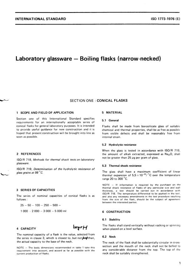 ISO 1773:1976 - Laboratory glassware -- Boiling flasks (narrow-necked)