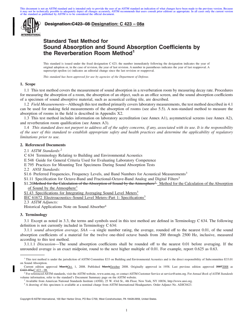 REDLINE ASTM C423-08a - Standard Test Method for Sound Absorption and Sound Absorption Coefficients by the Reverberation Room Method