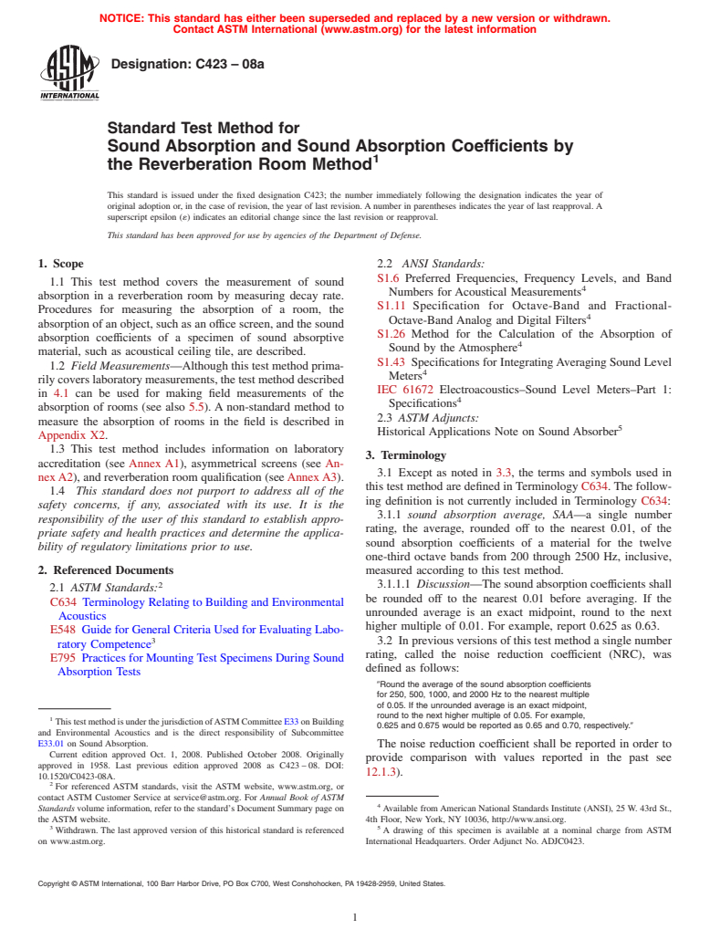 ASTM C423-08a - Standard Test Method for Sound Absorption and Sound Absorption Coefficients by the Reverberation Room Method