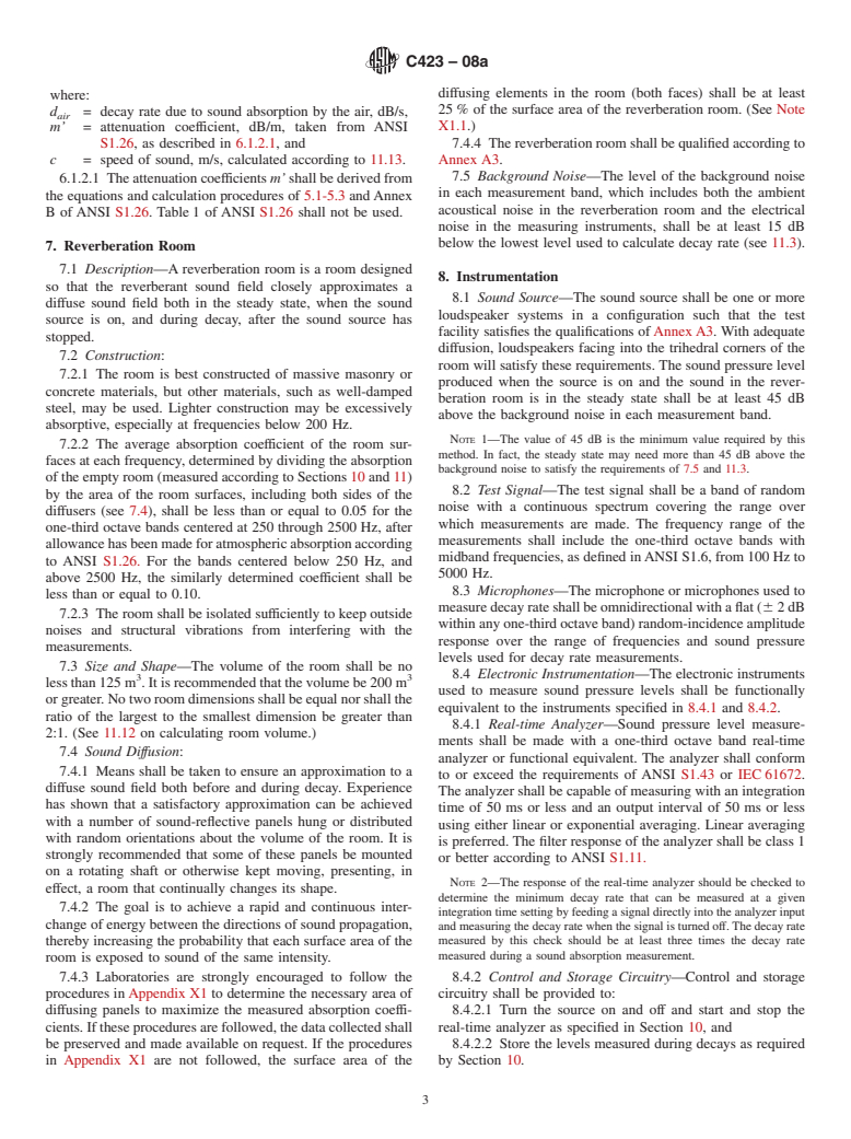 ASTM C423-08a - Standard Test Method for Sound Absorption and Sound Absorption Coefficients by the Reverberation Room Method