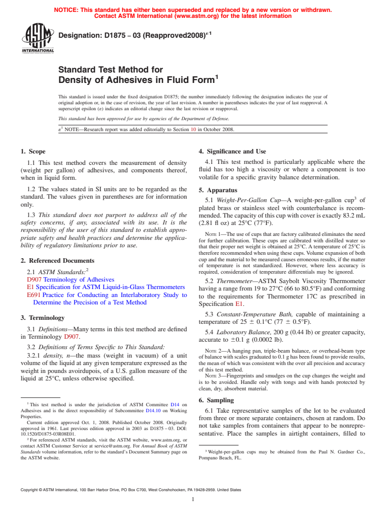 ASTM D1875-03(2008)e1 - Standard Test Method for Density of Adhesives in Fluid Form