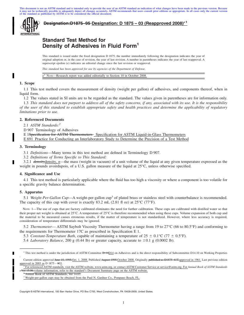 REDLINE ASTM D1875-03(2008)e1 - Standard Test Method for Density of Adhesives in Fluid Form