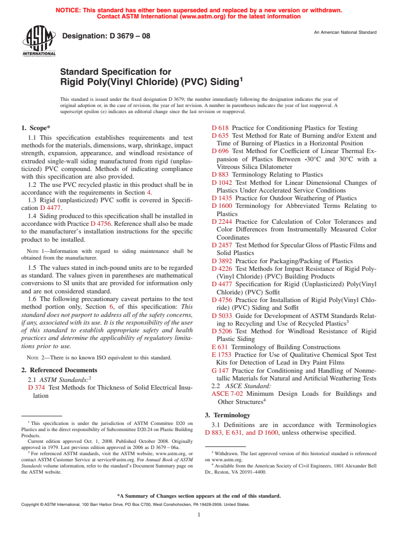 ASTM D3679-08 - Standard Specification for  Rigid Poly(Vinyl Chloride) (PVC) Siding