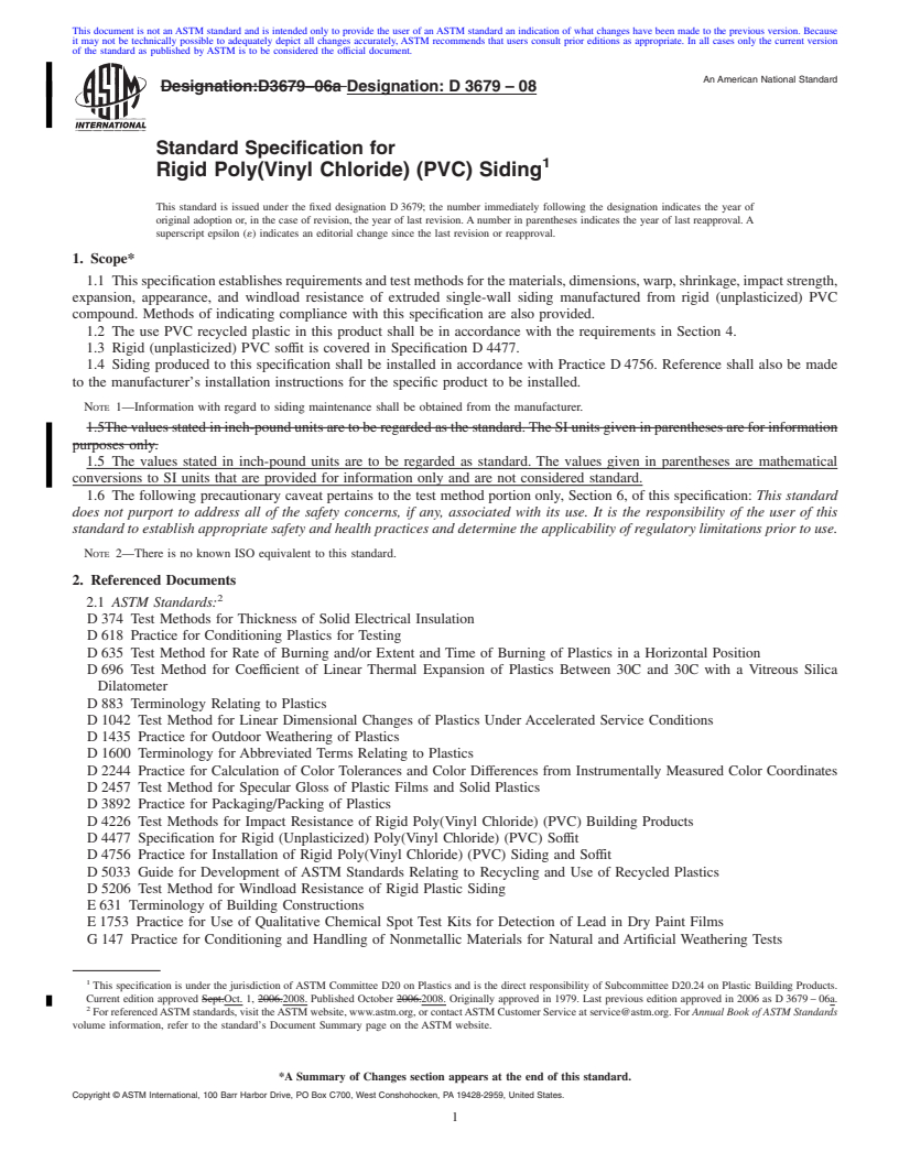 REDLINE ASTM D3679-08 - Standard Specification for  Rigid Poly(Vinyl Chloride) (PVC) Siding