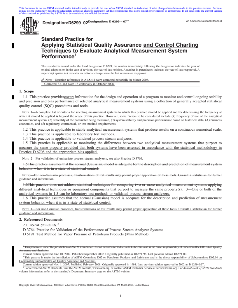 REDLINE ASTM D6299-07e1 - Standard Practice for Applying Statistical Quality Assurance and Control Charting Techniques to Evaluate Analytical Measurement System Performance