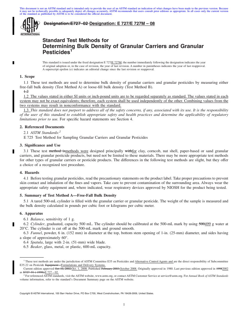 REDLINE ASTM E727/E727M-08 - Determining Bulk Density of Granular Carriers and Granular Pesticides