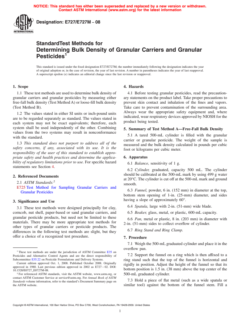 ASTM E727/E727M-08 - Determining Bulk Density of Granular Carriers and Granular Pesticides