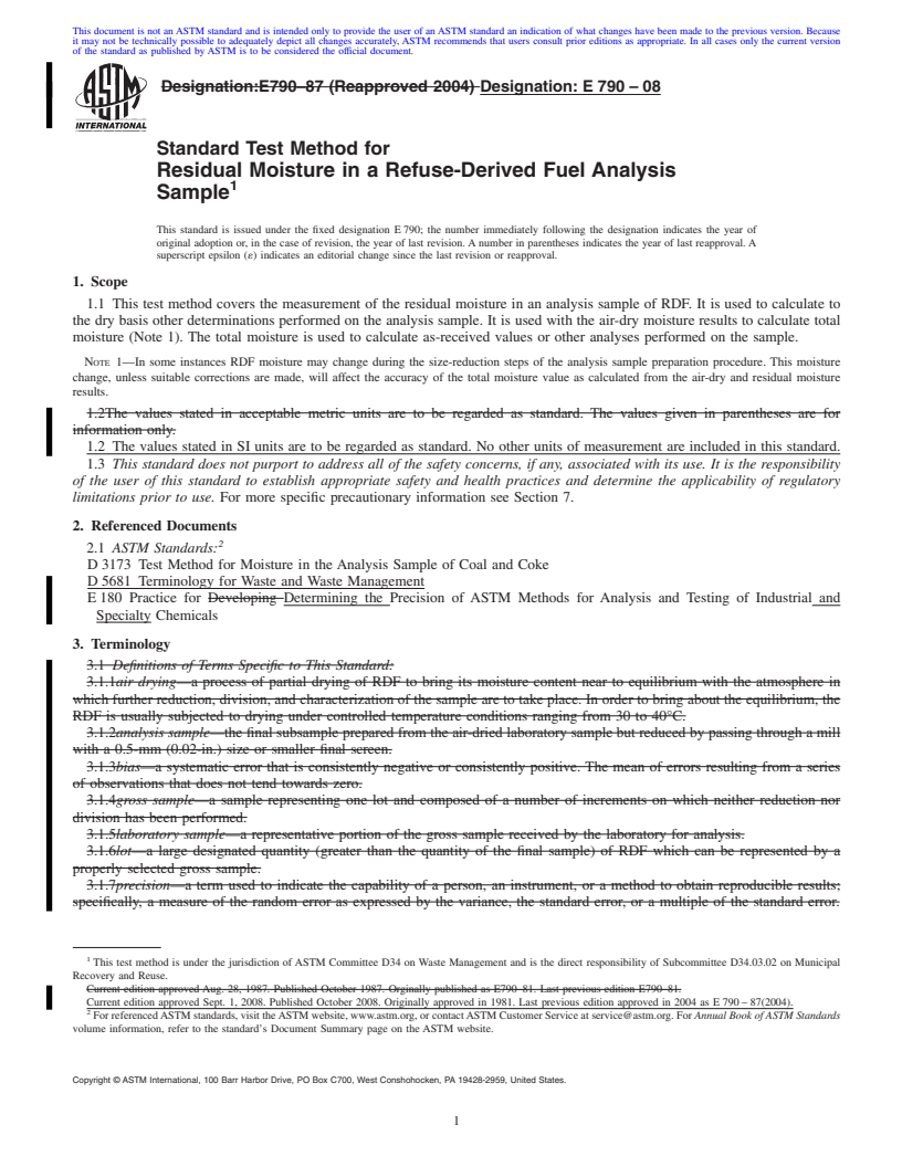 REDLINE ASTM E790-08 - Standard Test Method for  Residual Moisture in a Refuse-Derived Fuel Analysis Sample