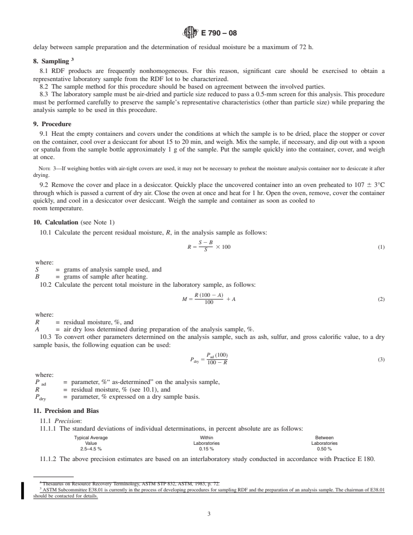 REDLINE ASTM E790-08 - Standard Test Method for  Residual Moisture in a Refuse-Derived Fuel Analysis Sample