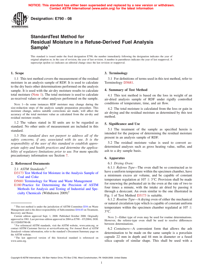 ASTM E790-08 - Standard Test Method for  Residual Moisture in a Refuse-Derived Fuel Analysis Sample