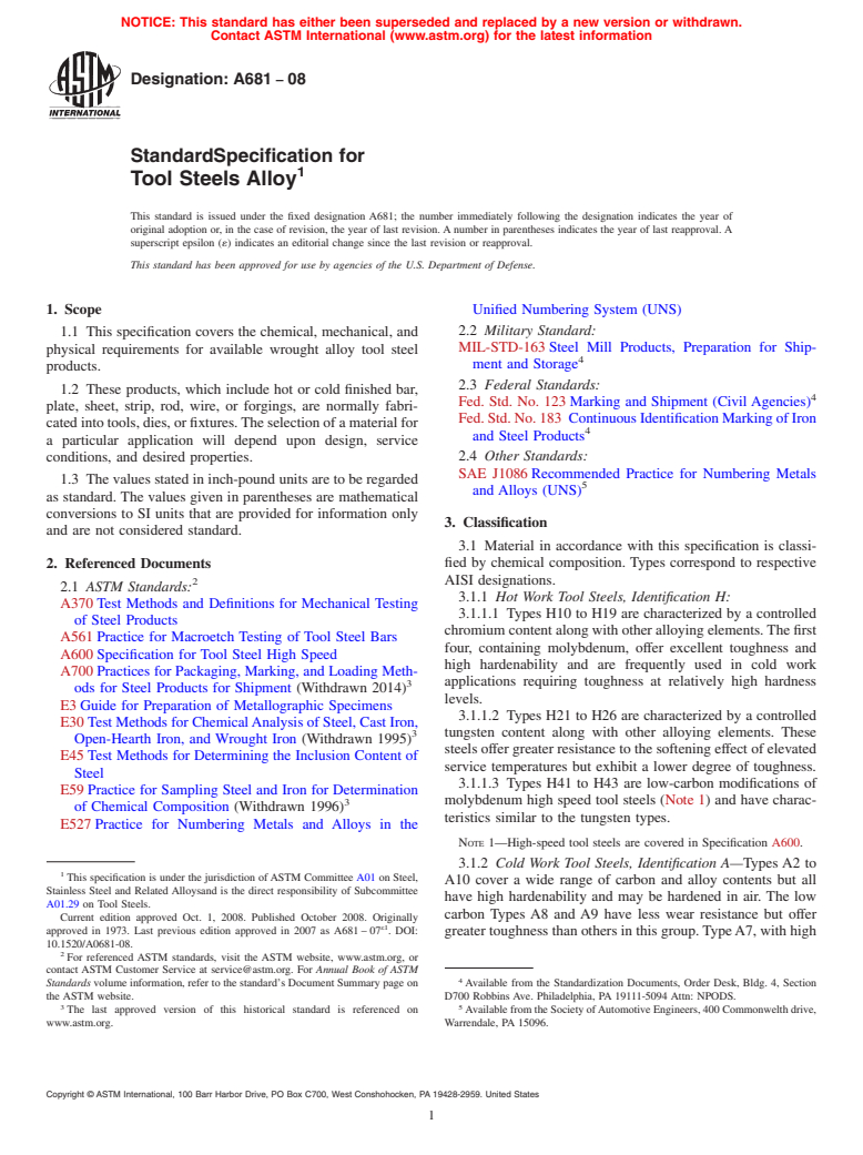 ASTM A681-08 - Standard Specification for  Tool Steels Alloy