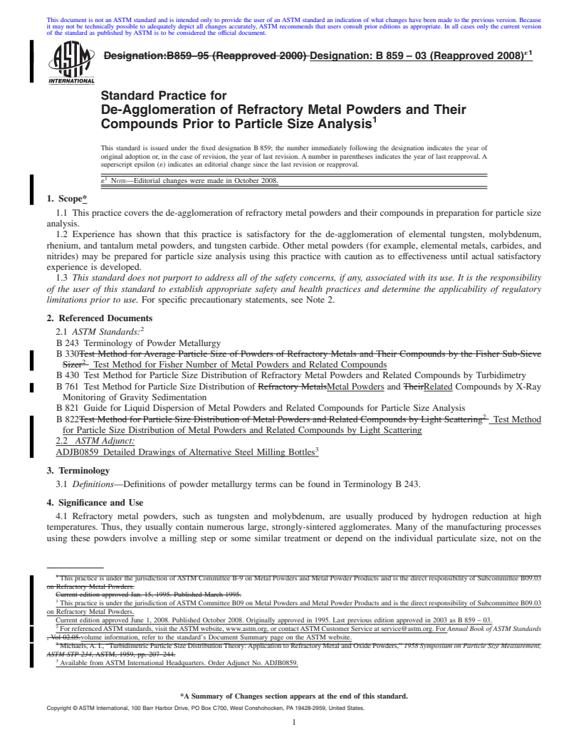 REDLINE ASTM B859-03(2008)e1 - Standard Practice for De-Agglomeration of Refractory Metal Powders and Their Compounds Prior to Particle Size Analysis