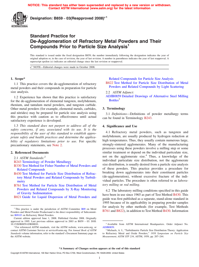 ASTM B859-03(2008)e1 - Standard Practice for De-Agglomeration of Refractory Metal Powders and Their Compounds Prior to Particle Size Analysis