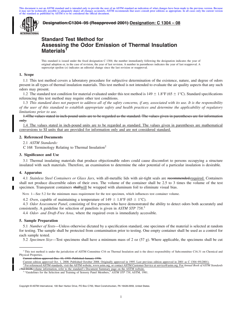 REDLINE ASTM C1304-08 - Standard Test Method for  Assessing the Odor Emission of Thermal Insulation Materials