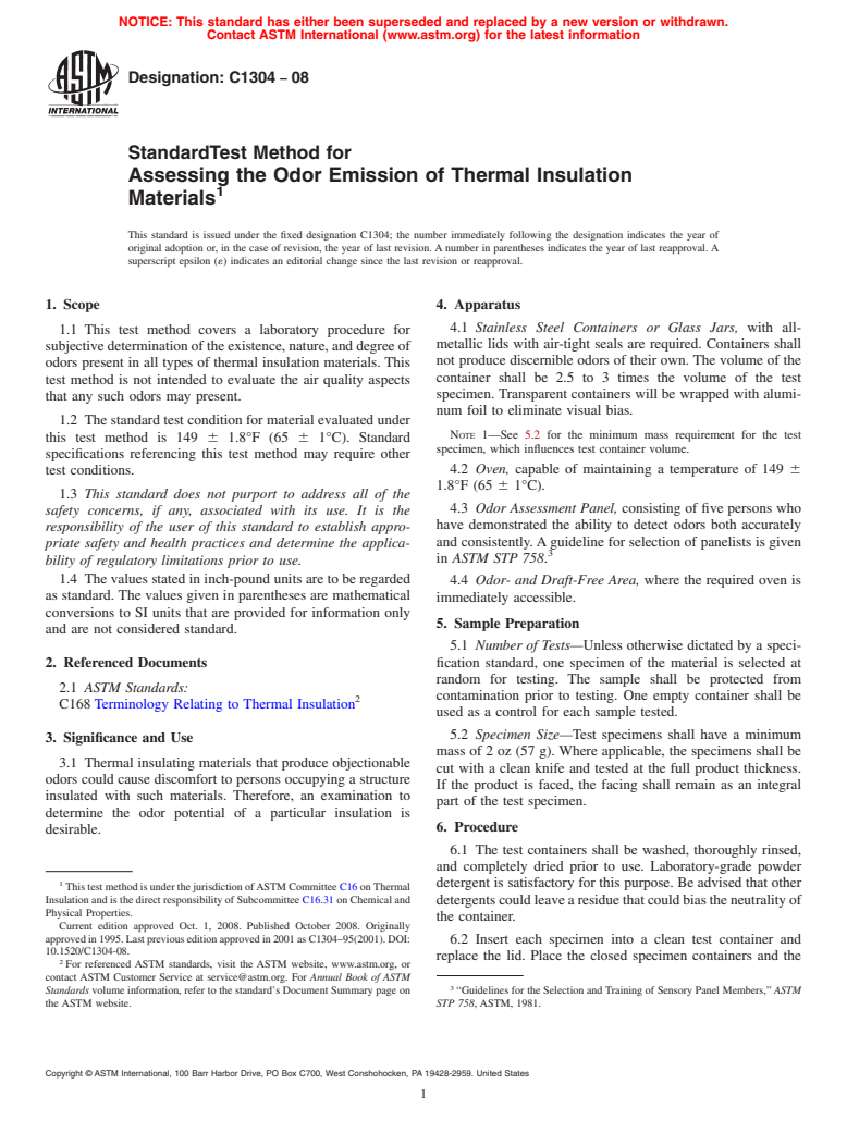 ASTM C1304-08 - Standard Test Method for  Assessing the Odor Emission of Thermal Insulation Materials