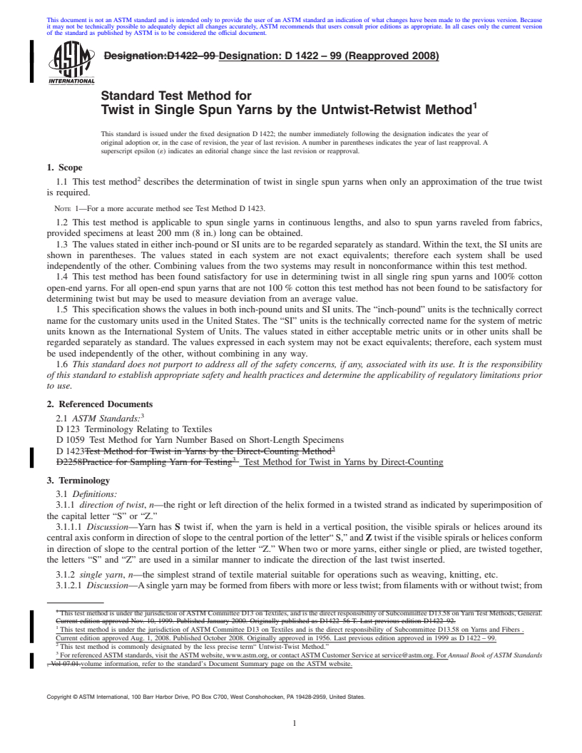 REDLINE ASTM D1422-99(2008) - Standard Test Method for  Twist in Single Spun Yarns by the Untwist-Retwist Method