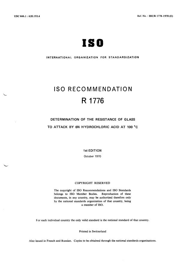 ISO/R 1776:1970 - Determination of the resistance of glass to attack by 6N hydrochloric acid at 100 degrees C