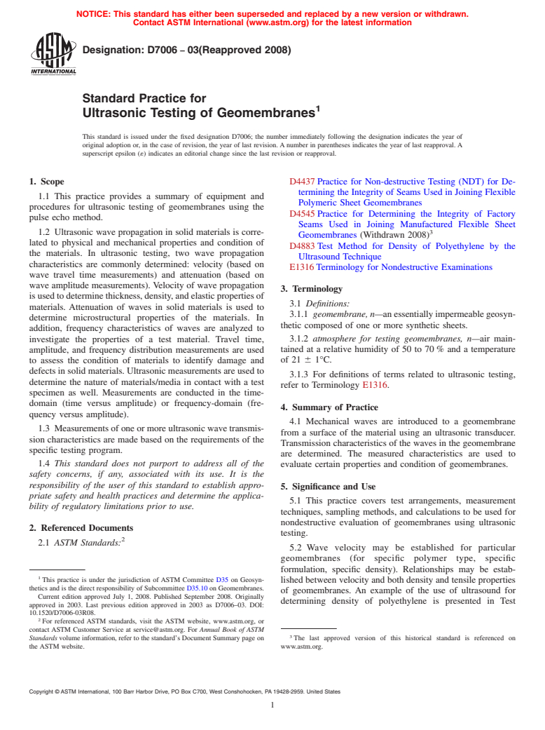 ASTM D7006-03(2008) - Standard Practice for Ultrasonic Testing of Geomembranes