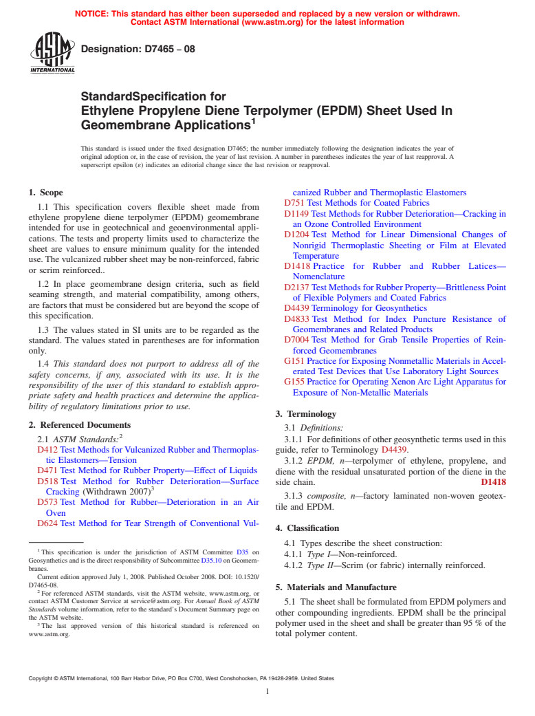 ASTM D7465-08 - Standard Specification for Ethylene Propylene Diene Terpolymer (EPDM) Sheet Used In Geomembrane Applications