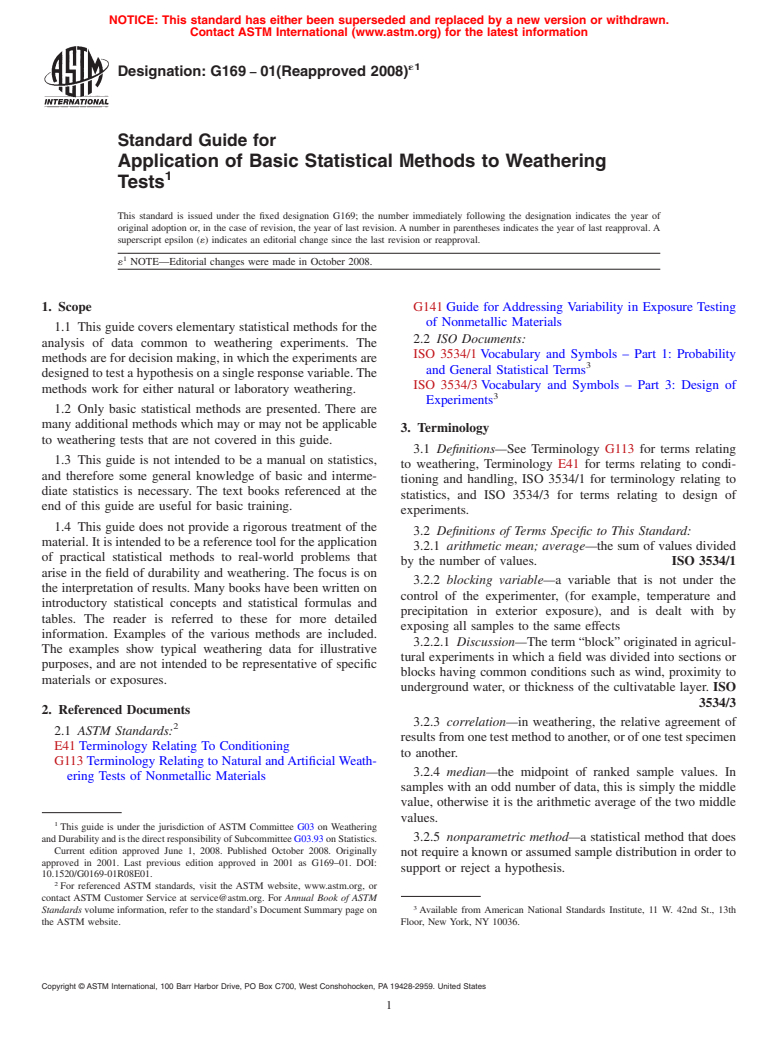 ASTM G169-01(2008)e1 - Standard Guide for Application of Basic Statistical Methods to Weathering Tests