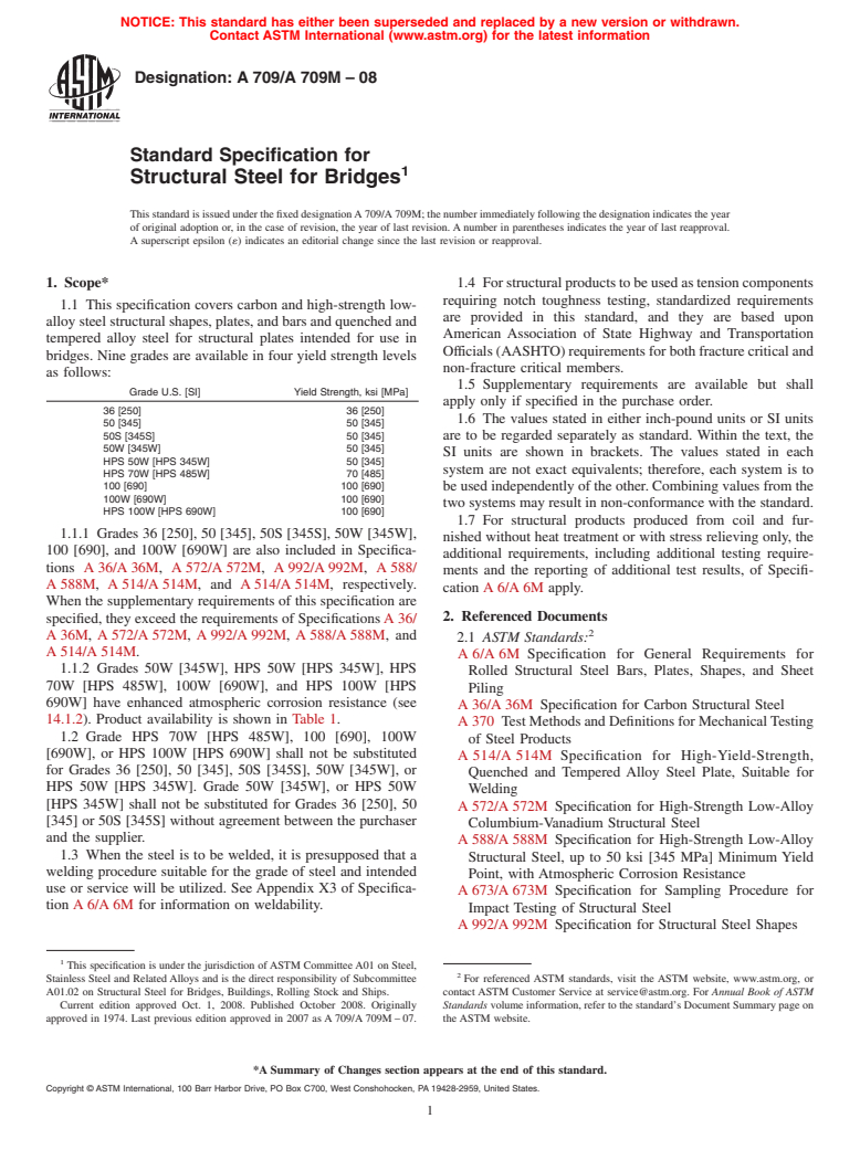 ASTM A709/A709M-08 - Standard Specification for  Structural Steel for Bridges