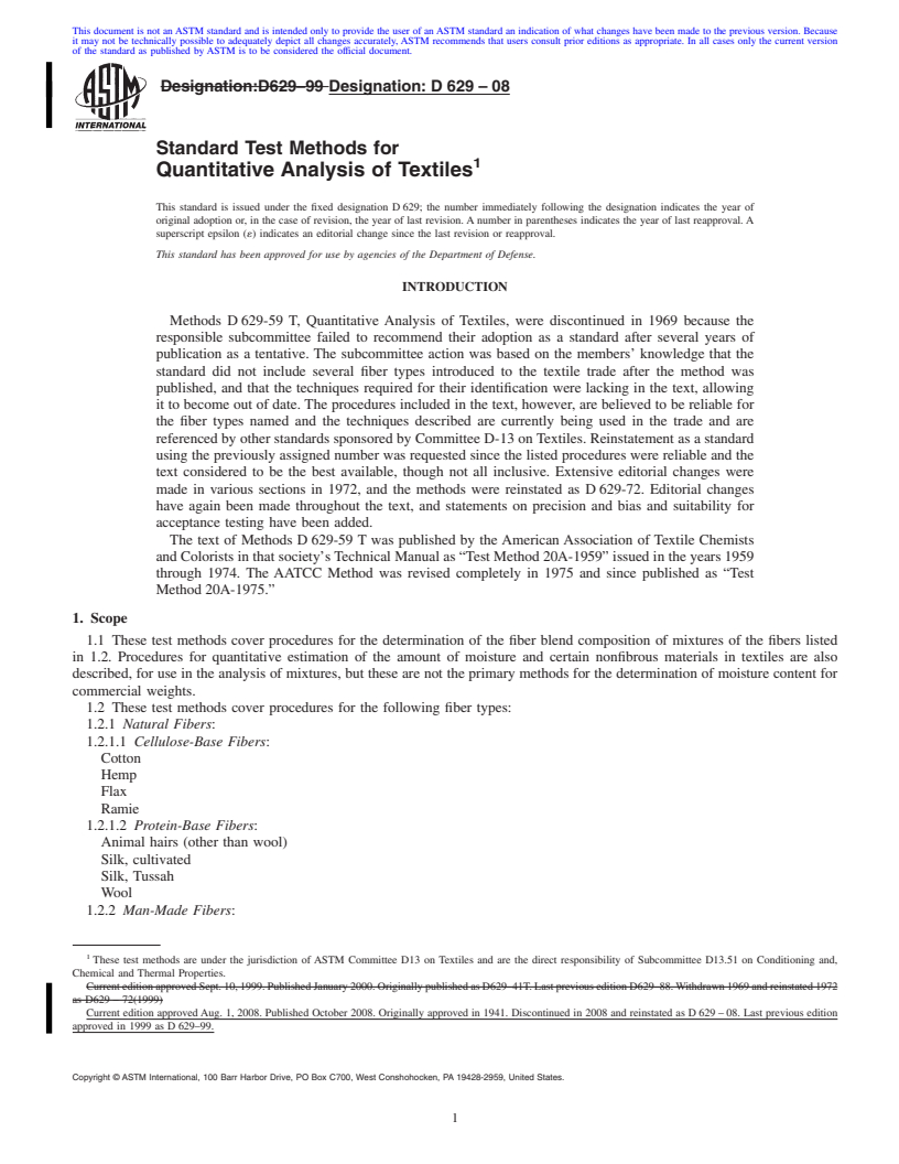 REDLINE ASTM D629-08 - Standard Test Methods for  Quantitative Analysis of Textiles