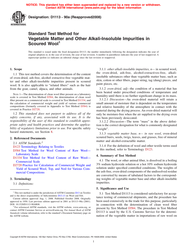 ASTM D1113-90a(2008) - Standard Test Method for  Vegetable Matter and Other Alkali-Insoluble Impurities in Scoured Wool