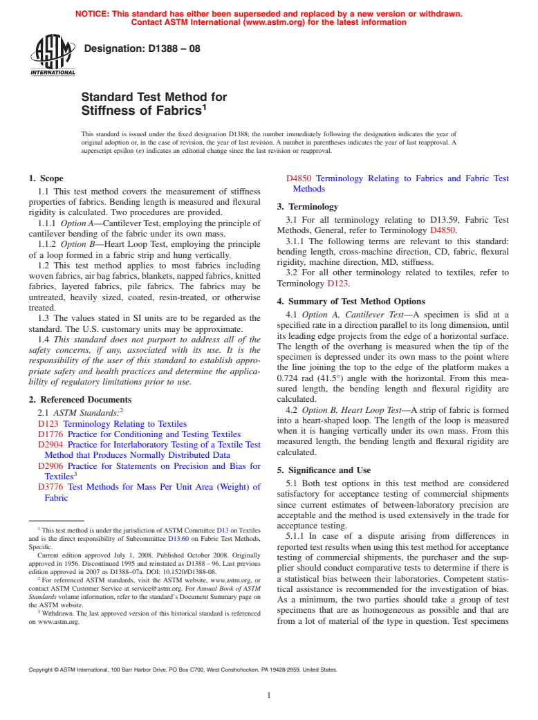 ASTM D1388-08 - Standard Test Method for  Stiffness of Fabrics