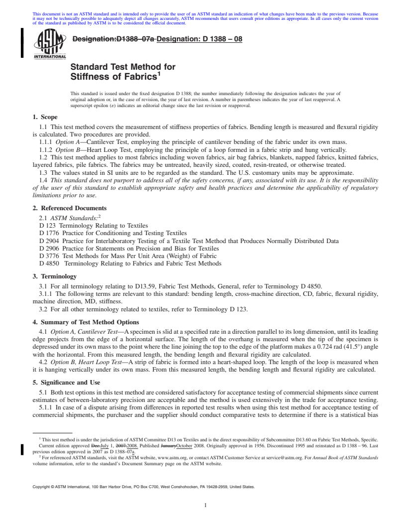 REDLINE ASTM D1388-08 - Standard Test Method for  Stiffness of Fabrics