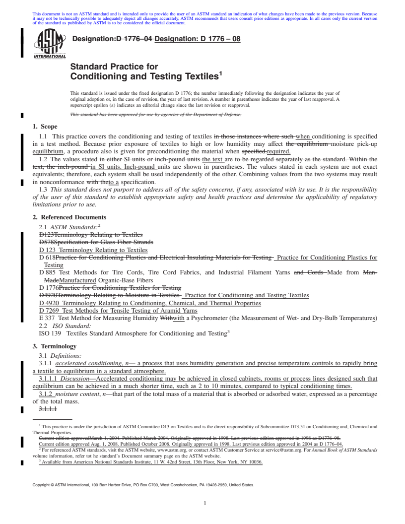 REDLINE ASTM D1776-08 - Standard Practice for  Conditioning and Testing Textiles