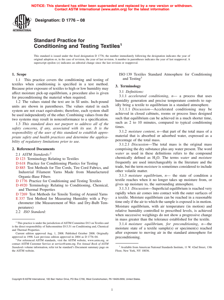 ASTM D1776-08 - Standard Practice for  Conditioning and Testing Textiles