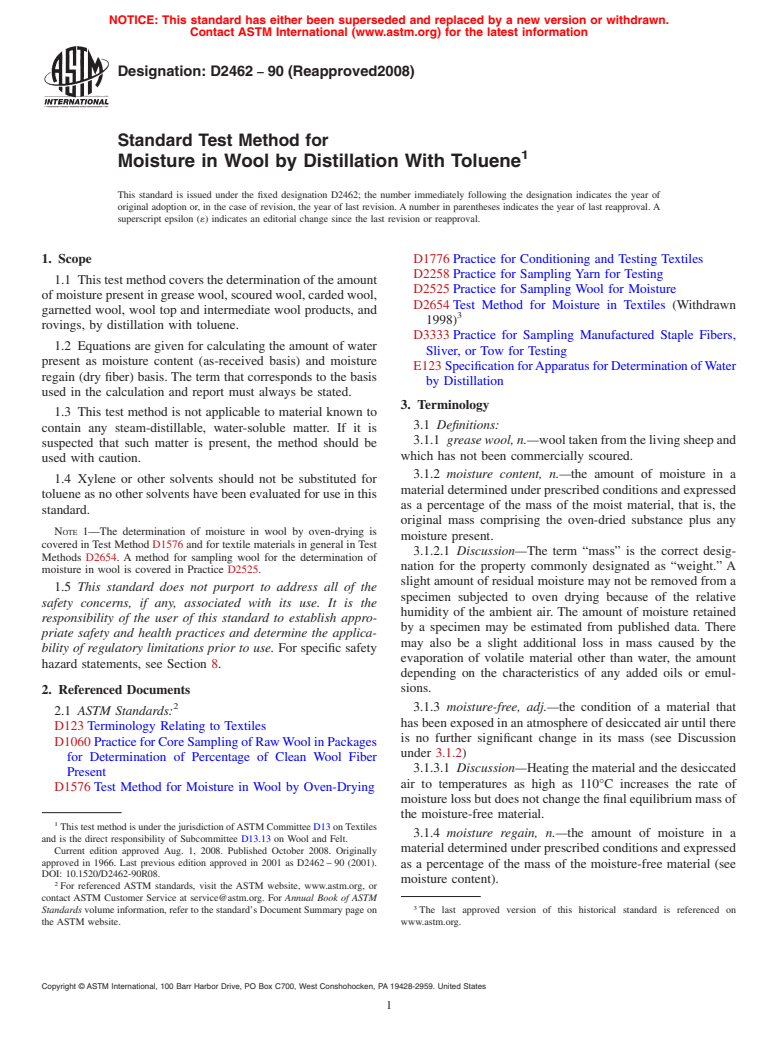 ASTM D2462-90(2008) - Standard Test Method for  Moisture in Wool by Distillation With Toluene