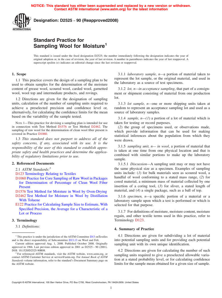 ASTM D2525-90(2008) - Standard Practice for  Sampling Wool for Moisture