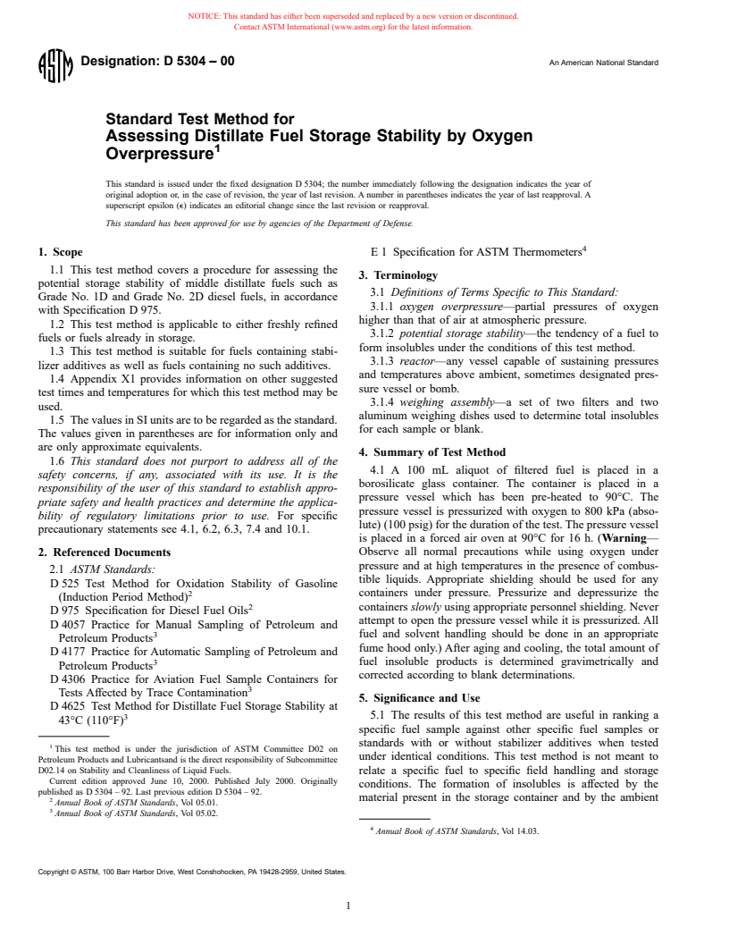 ASTM D5304-00 - Standard Test Method for Assessing Distillate Fuel Storage Stability by Oxygen Overpressure