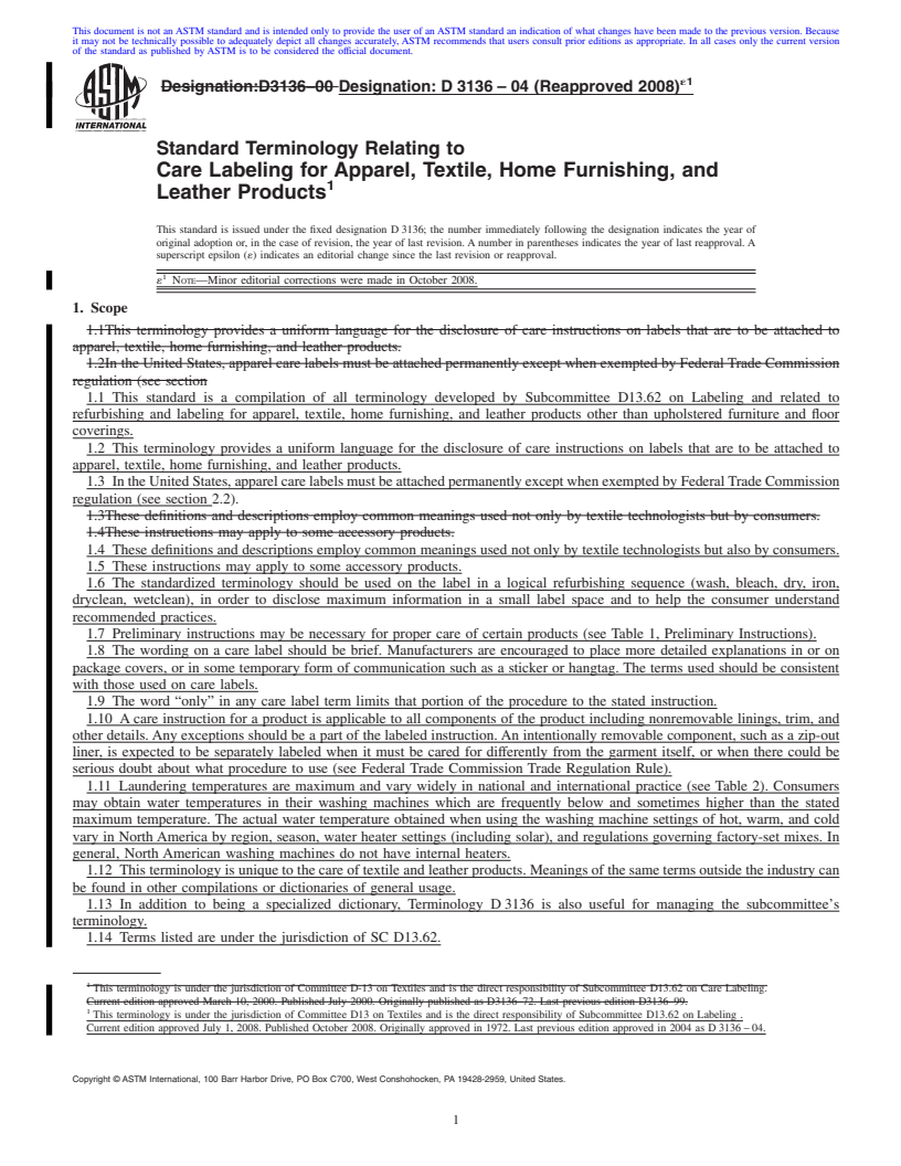 REDLINE ASTM D3136-04(2008)e1 - Standard Terminology Relating to  Care Labeling for Apparel, Textile, Home Furnishing, and Leather Products