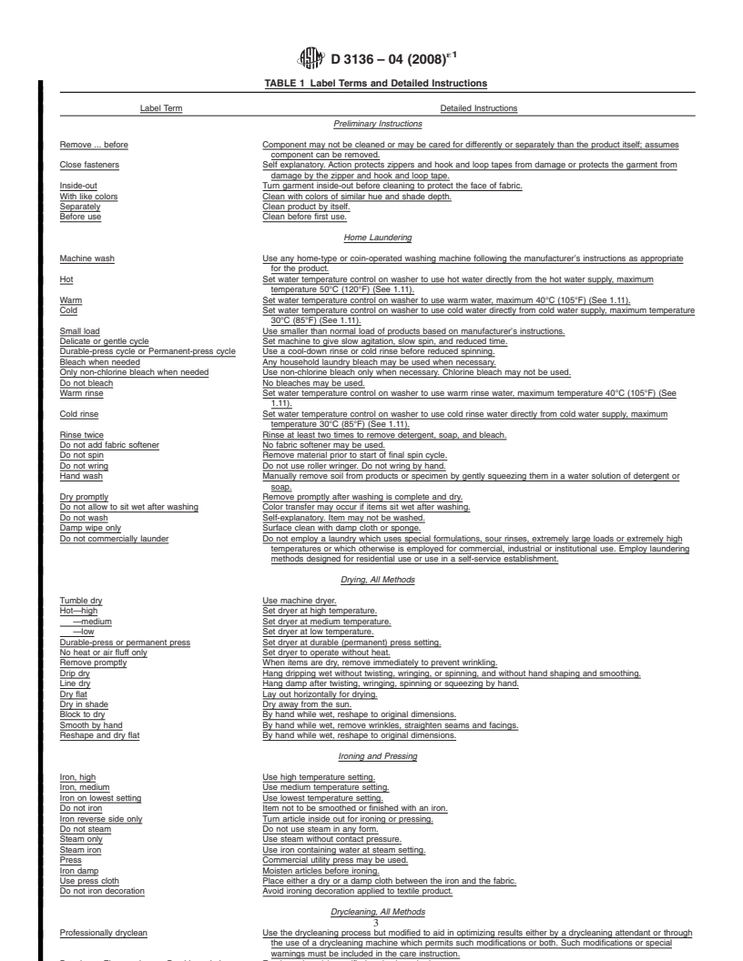 REDLINE ASTM D3136-04(2008)e1 - Standard Terminology Relating to  Care Labeling for Apparel, Textile, Home Furnishing, and Leather Products