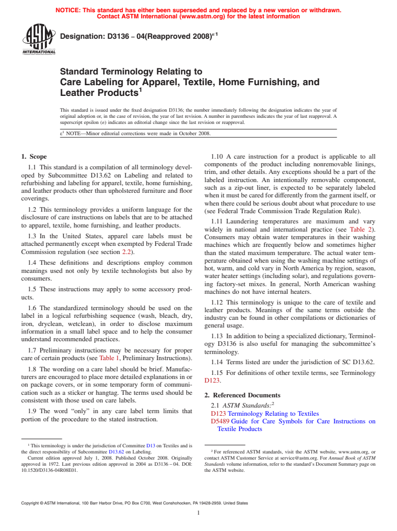 ASTM D3136-04(2008)e1 - Standard Terminology Relating to  Care Labeling for Apparel, Textile, Home Furnishing, and Leather Products