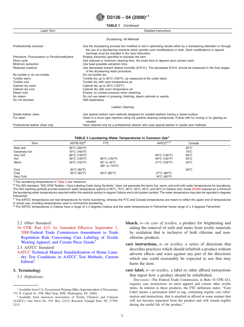 ASTM D3136-04(2008)e1 - Standard Terminology Relating to  Care Labeling for Apparel, Textile, Home Furnishing, and Leather Products