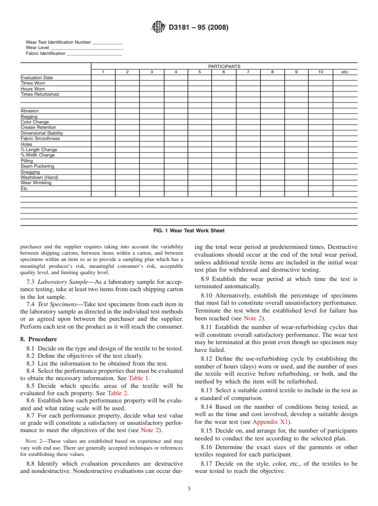 ASTM D3181-95(2008) - Standard Guide for Conducting Wear Tests on Textiles