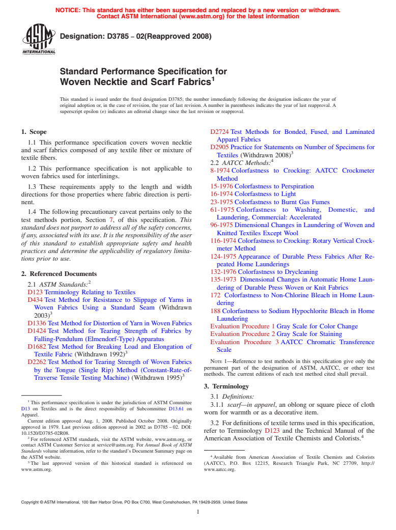 ASTM D3785-02(2008) - Standard Performance Specification for  Woven Necktie and Scarf Fabrics