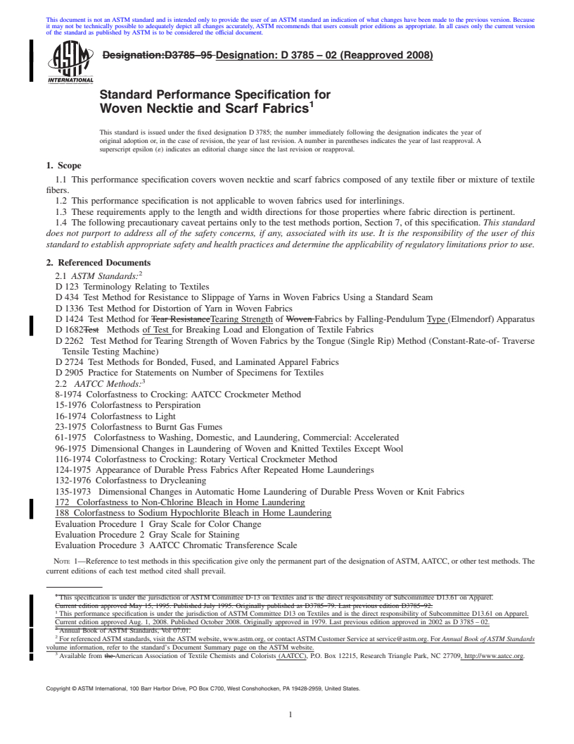 REDLINE ASTM D3785-02(2008) - Standard Performance Specification for  Woven Necktie and Scarf Fabrics