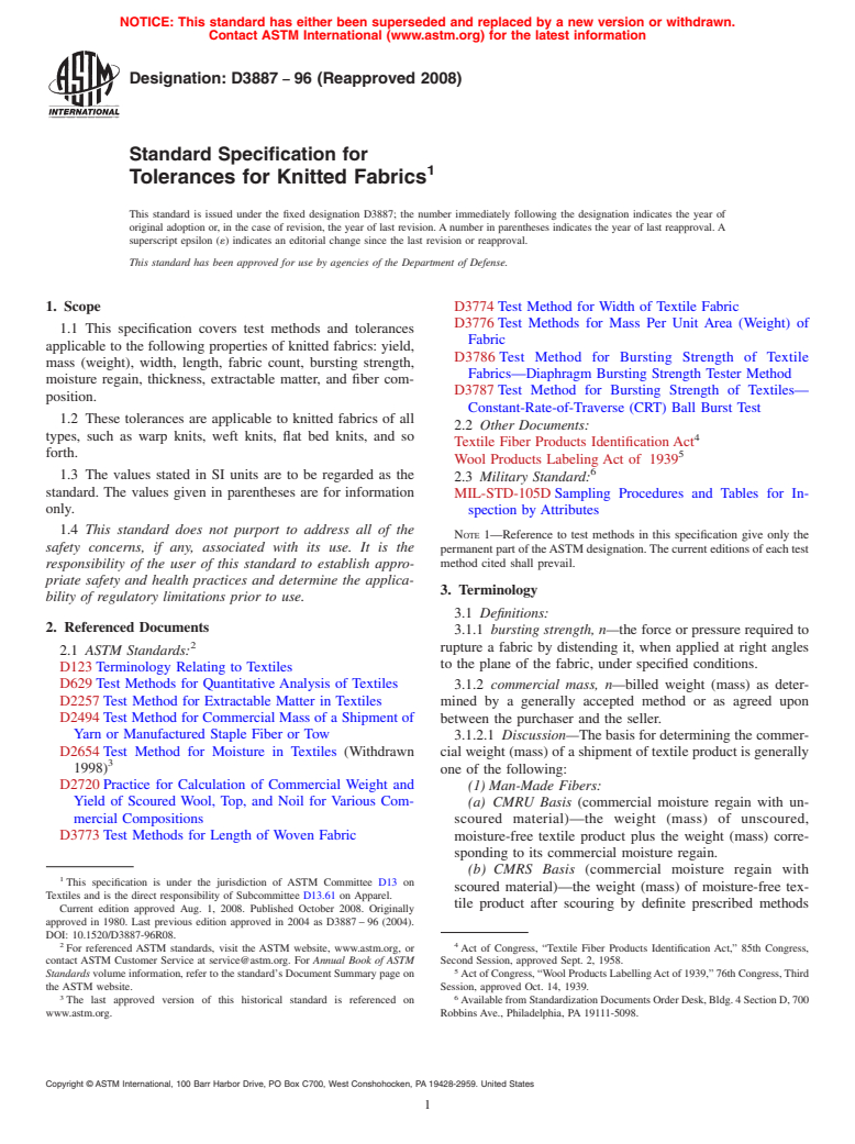 ASTM D3887-96(2008) - Standard Specification for  Tolerances for Knitted Fabrics (Withdrawn 2017)