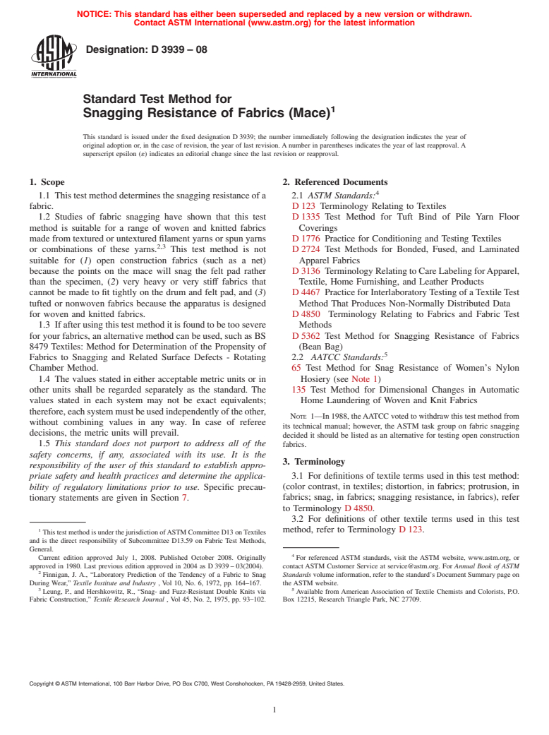 ASTM D3939-08 - Standard Test Method for Snagging Resistance of Fabrics (Mace)