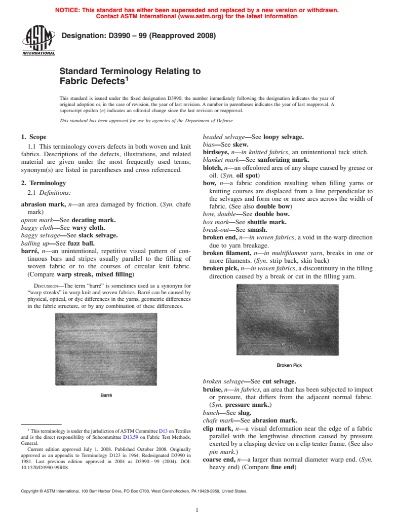 ASTM D3990-99(2008) - Standard Terminology Relating to  Fabric Defects