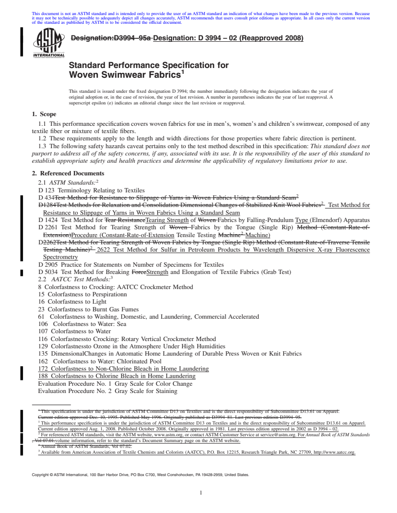 REDLINE ASTM D3994-02(2008) - Standard Performance Specification for  Woven Swimwear Fabrics