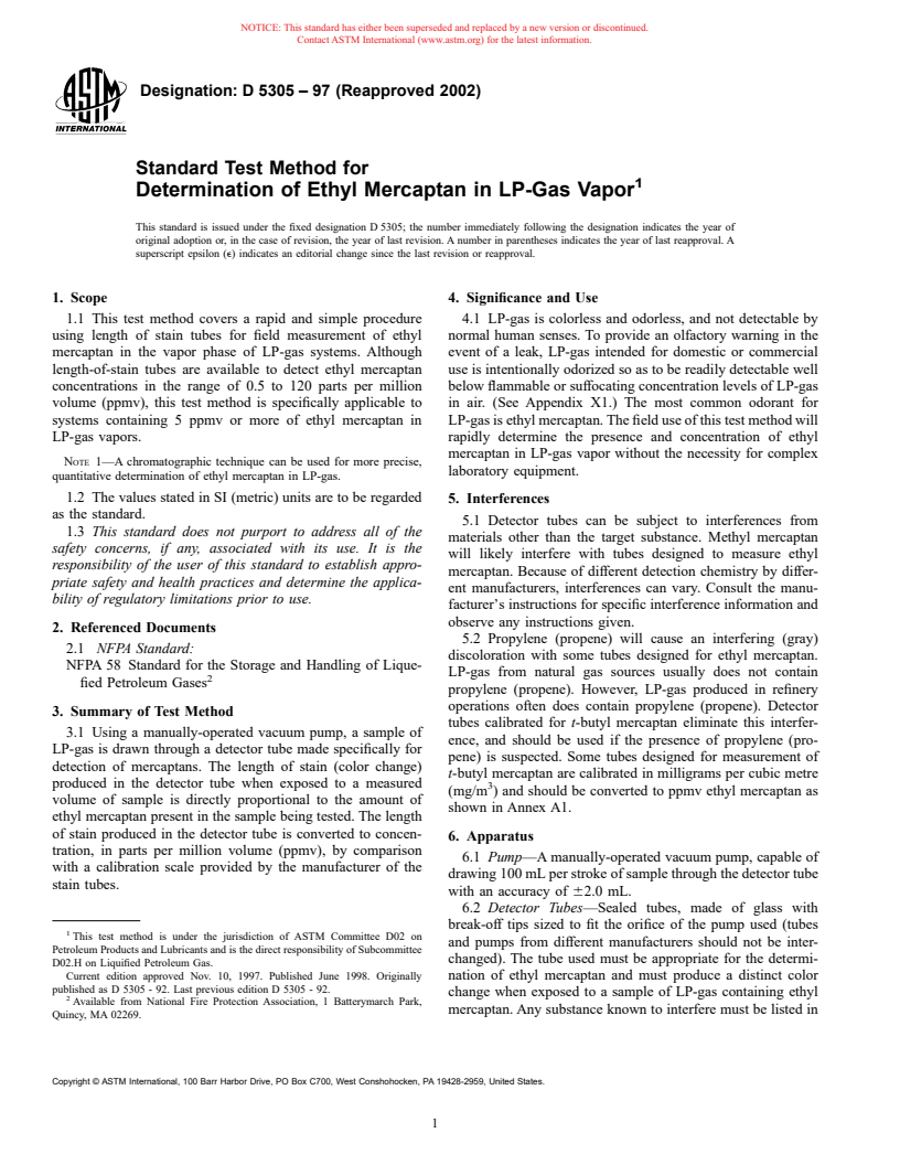 ASTM D5305-97(2002) - Standard Test Method for Determination of Ethyl Mercaptan in LP-Gas Vapor