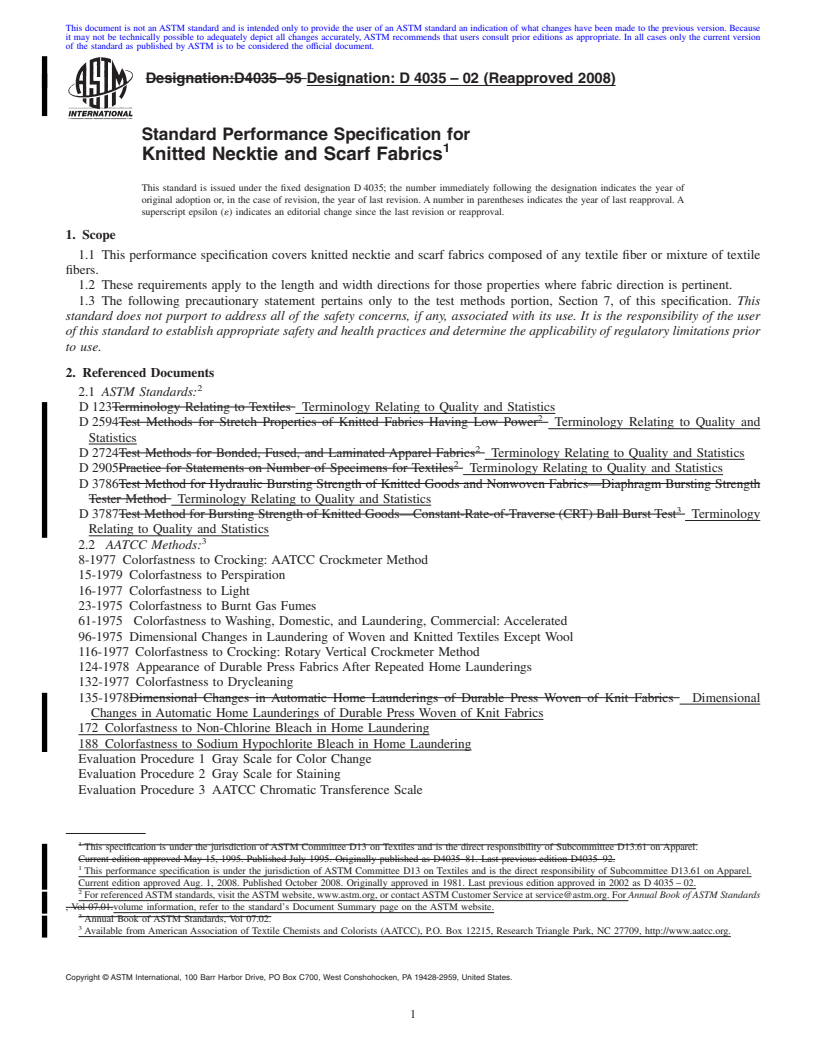 REDLINE ASTM D4035-02(2008) - Standard Performance Specification for  Knitted Necktie and Scarf Fabrics