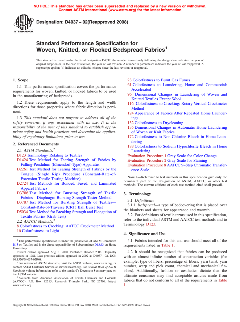 ASTM D4037-02(2008) - Standard Performance Specification for  Woven, Knitted, or Flocked Bedspread Fabrics